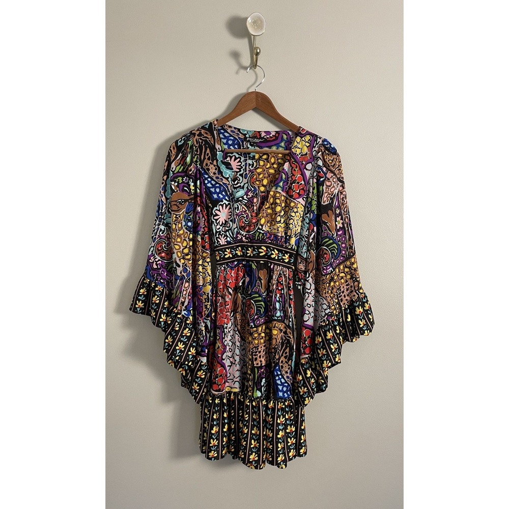 Betsey Johnson Colorful Bambi Short Dress. Size 6. Bell Sleeve. Y2K. Art To Wear